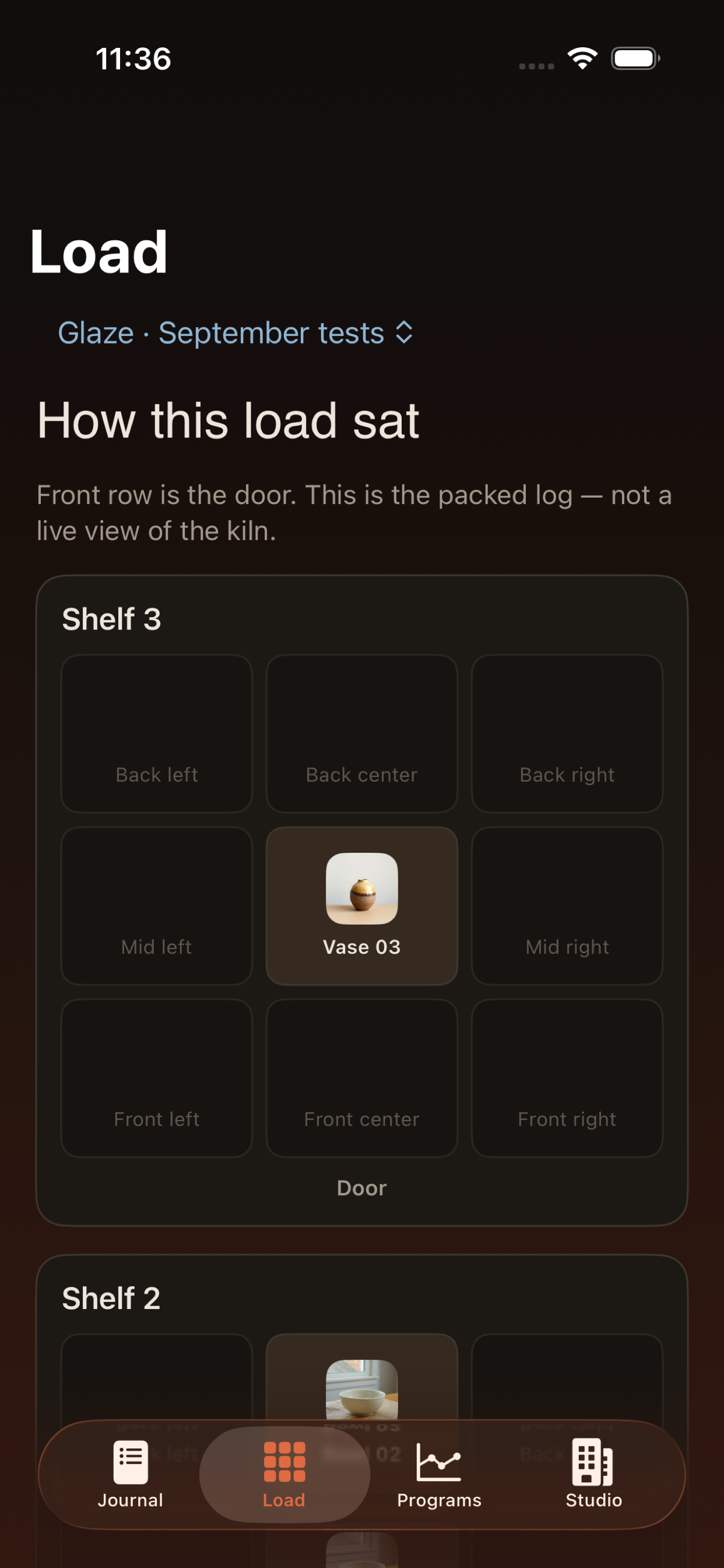 Kiln load map with shelves